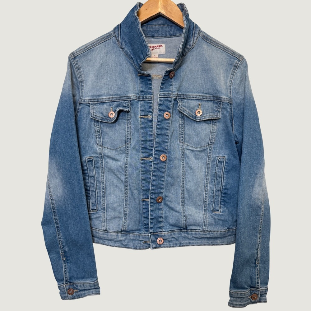 Arizona Jeans Womens Denim Jacket XL Blue Bandana Patchwork Boho Trucker